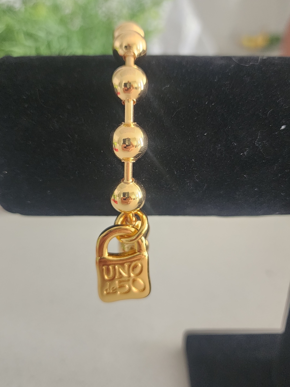 Tous Gold Beaded Bracelet with Padlock Charm